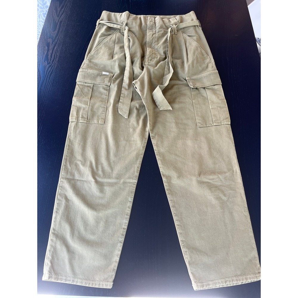 Mother Denim Cargo Pants Womens Olive Green High Rise Tie Waist Straight Leg